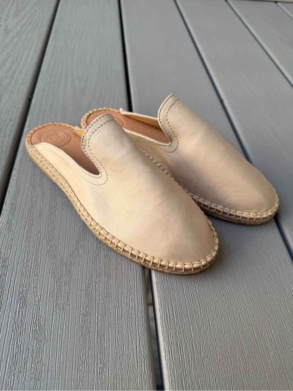 MORKAS Alejandra Beige Leather Espadrille Loafer Mules Size 7 NWOT